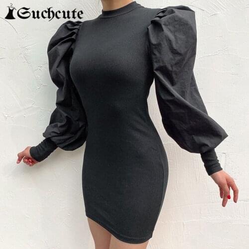 SUCHCUTE Gothic Black Skinny Ribbed Mini Dress For Women Patchwork Puff Long Sleeve Ladies Bodycon Dresses Party Clubwear