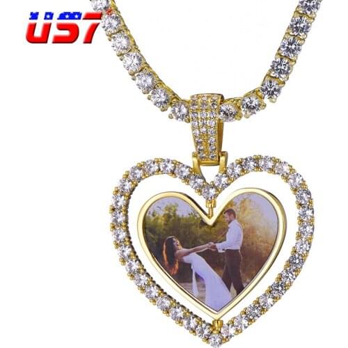 US7 Hollow Heart Custom Photos Rotating Double-side Memory Medallion Iced out CZ Pendant Necklace For Men Women Hip Hop Jewelry