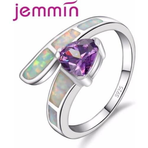 Vintage White Opal Ring For Ladies'Party S925 Sterling Sliver Ring With Drop Water Clear Purple Crystal Bijoux