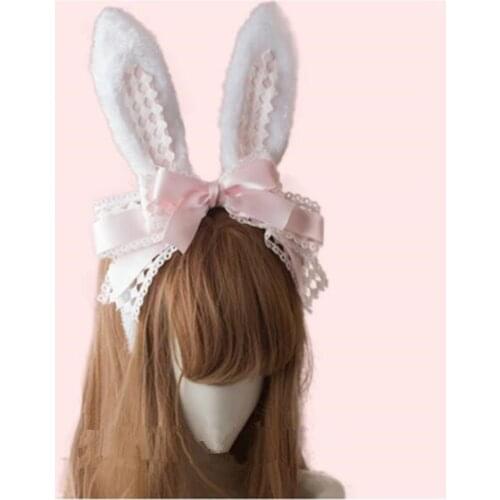 Japanese Sweet Lolita Kawaii Plush Rabbit Ears KC Headwear Lace Bow Hair Clasp Cosplay Head band Female Accessories B789