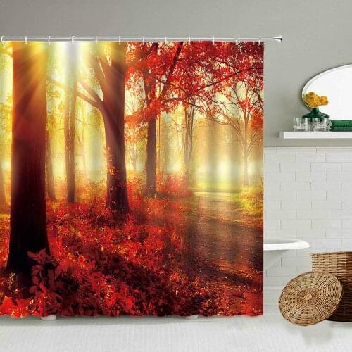 Red Maple Forest Scenery Shower Curtain Autumn Natural Landscape Tree Photography Bathroom Accessories With Hook Screen Washable