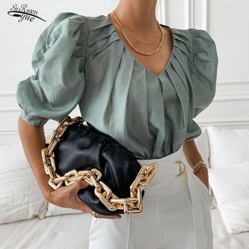 Womens shirt commuter loose top summer V-neck pleated puff sleeve short-sleeved top elegant OL slim chiffon shirt Blusa 14944