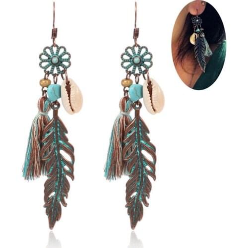 Women Bohemian Boho Leaves&Flowers Tassel Earrings Vintage Alloy Hanging Dangle Drop Earrings Jewelry Fashion Gift