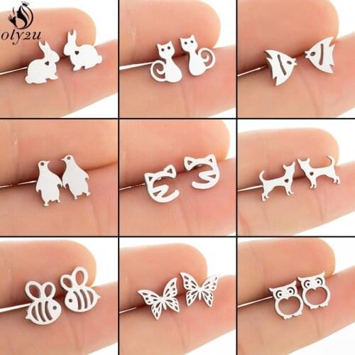 Small Stainless Steel Animal Stud Earrings for Women Fashion Rabbit Fish Owl Dog Cat Earings Jewelry Children Studs Accessories