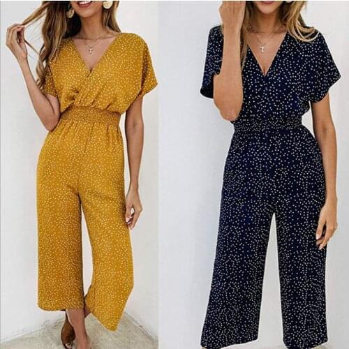 Women Jumpsuits Rompers Summer Casual Print V-neck Pocket Overalls Jumpsuit Short Sleeve Wide Leg Loose Jumpsuit