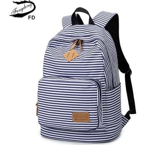 Fengdong school backpack for girls blue and white striped book bag female fashion travel backpack canvas schoolbag girl satchel