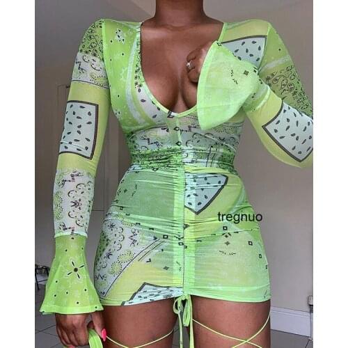 Tregnuo 2021 Dress Women Long Sleeve Sexy Dress Hip Skirt V-Neck Summer Tuck Waist Thin