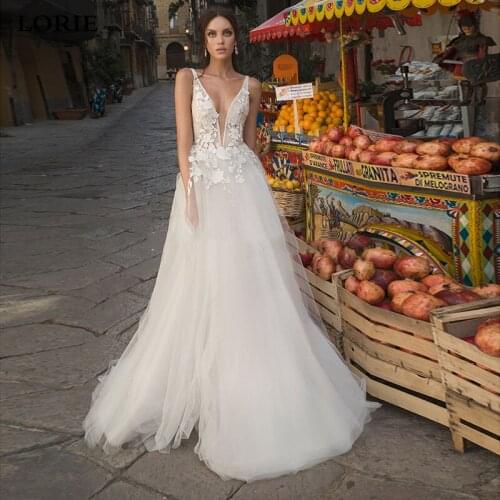 LORIE Boho A Line Lace Wedding Dresses 2019 Sexy V Neck Appliqued Bride Dresses Sexy Backless Wedding Gowns Vestidos de novia