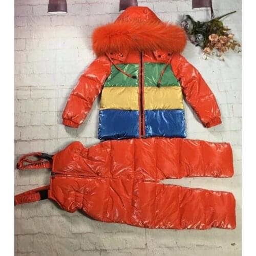 80cm -145cm 2019 Winter Jacket Children down duck down Fur hooded girl snowsuit boy Suit set outerwear ski suit