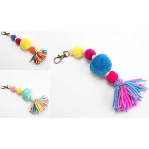 1pc Dropshipping Big Pompom With Wooden Beads Bag Hanging Colorful Tassel Keychains Foe Women Keyring Jewelry