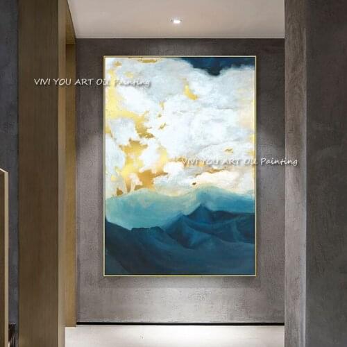 100% Hand Painted Gold Blue Sky Oil Paintings Wall Art Canvas Abstract Artwork Carving Art For Hotel Living Room Decor