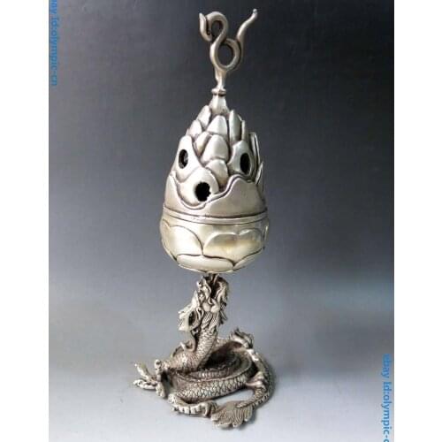 13" China Silver carved Coiled Dragon censer Incense burner Sculpture Statue