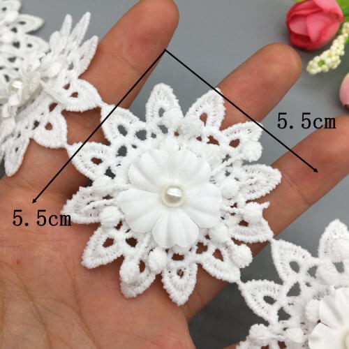 20pcs 5.5cm Cotton White Pearl Beaded Flowers Embroidered Lace Trim Ribbon Fabric Sewing Craft For Costume Wedding Dress Decor