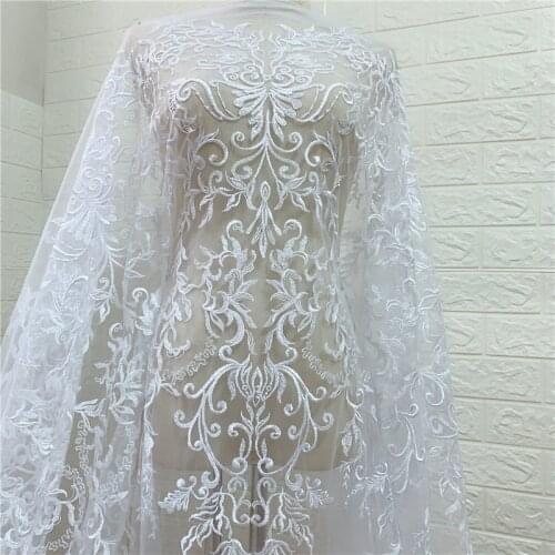 2020 Pure White Sequins Embroidery Nigerian African bridal wedding dress gown lace fabric DIY Sewing Lace Fabric