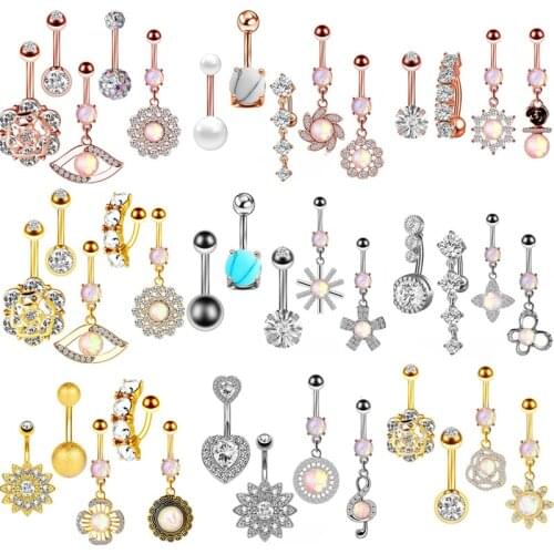 5PCS Opal Belly Button Piercing Pack 14G Flower Belly Piercing Ring Lot Rose Gold Sexy Navel Piercing Set Cute Belly Ring Bulk