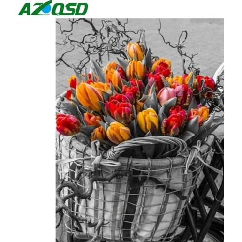 AZQSD Diamond Embroidery Tulip Bicycle Mosaic Rhinestone Full Square Diamond Painting Flower Cross Stitch Needlework Home Decor