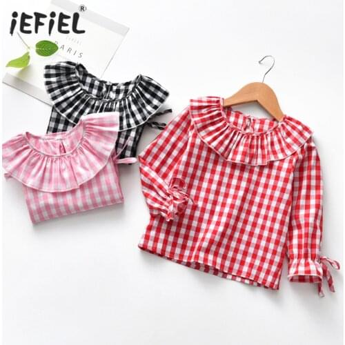 Spring Toddler Kids Girls Long Sleeve Blouse Children Plaid Ruffles Collar Shirts Top Kids Flare Sleeve Pullover Girls Clothes