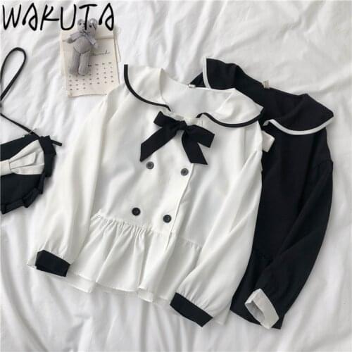 WAKUTA Japanese Mori Girls Blouses Loose Spring School Wear Sailor Collar Bow Shirts Korean Style Black White Fall Tops 2021