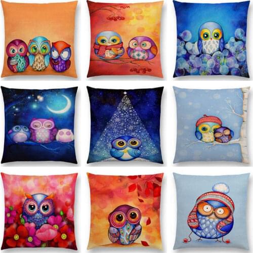 Lovely Cartoon Owls Sofa Throw Pillow Case Warm Family Happy Four Seasons Daily Life Christmas Colorful Cushion Cover
