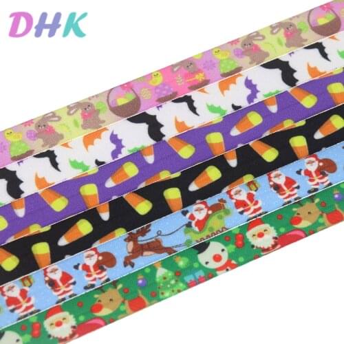 DHK 5/8'' 5yards christmas easter halloween printed Fold Elastic FOE stretch ribbon hairbow headwear headband DIY OEM E1787