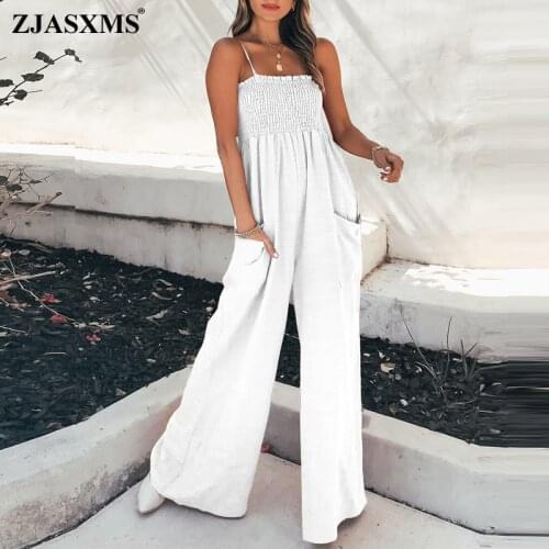Women Elastic Waist Cotton Linen Jumpsuit Spring Off Shoulder Straps Bodysuit Summer Wide Leg Pants Pocket Beach Overalls Romper
