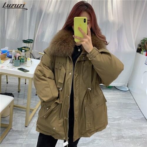 Luzuzi 2021 Winter Big Fox Fur Collar Women Snow Down Coat 90% White Duck Down Jacket Female Thick Warm Loose Waist Coat Outwear