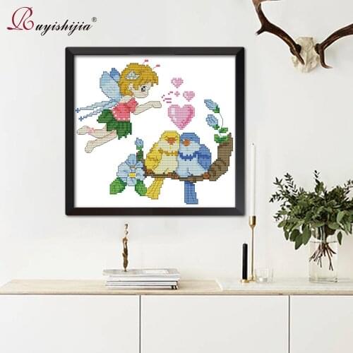 RUYISHIJIA Cross Stitch Set DIY Beginners Needlework Embroidery Cartoon Angel Blessing Bird in Love for Cross-stitch kits