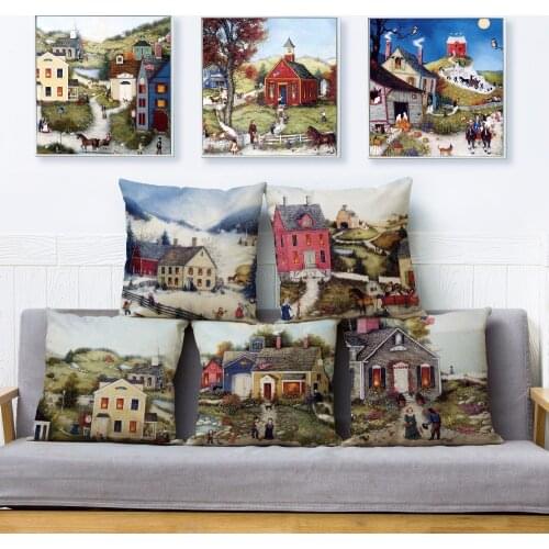 Watercolor House Scenic Print Pillow Cover 45*45cm Cushion Cover Linen Throw Pillows Cases Sofa Home Decor Cushion Covers