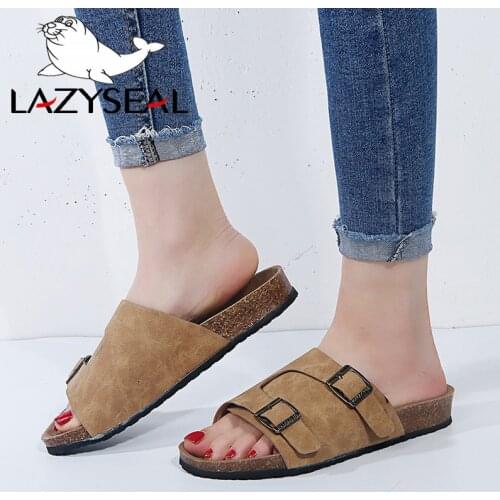 LazySeal Summer Cork Slippers Shoes Woman Buckle Slides Ladies Shoes Sandals Flip Flop Beach Sandals Flats Heels Large Size 44