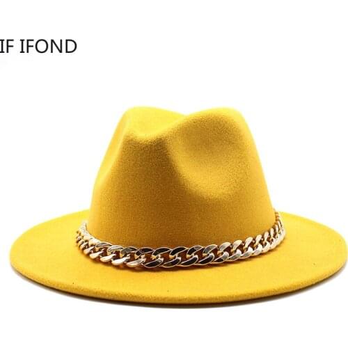 New Wide Brim Simple Church Derby Top Hat With Thick Gold Chain Band Wide Brim Panama Felt Fedoras Hat for Men Women