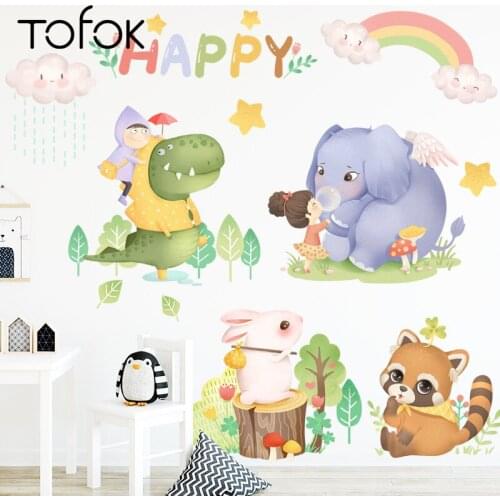 Tofok Lovely Dinosaur Tanuki Forest Home Decorative Sticker Self-adhesive Mural Decals for Parlor Nursery Kids Room Dorm Supply