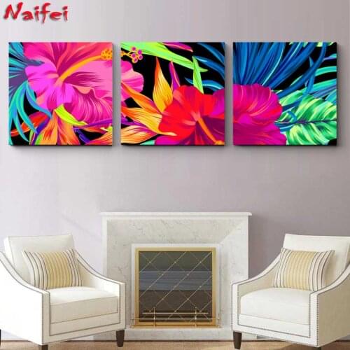 Triptych Diamond Embroidery Tropical Style Flowers Picture of Rhinestones Full Square Round Diamond Mosaic Kits Home Decor