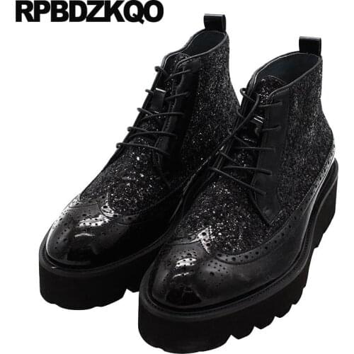 Harajuku High Top Booties Thick Soled Black Platform Full Grain Leather Wingtip Sole Male Brogue Shoes Glitter Mens Patent Boots