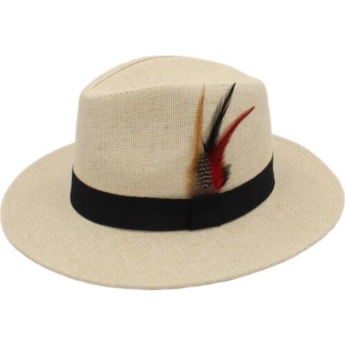 2019 Women Men Straw Sun Hat With Wide Brim Panama Hat Lady Beach Sunbonnet Hat With Fashion Feather Size 56-58CM A0235-XSJ