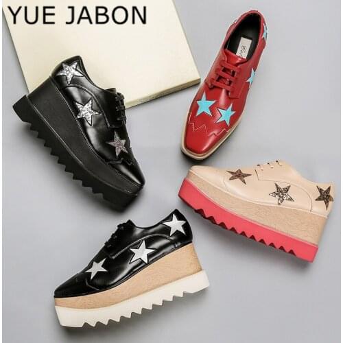 YUE JABON woman Stars Loafer Square Toe Lace-up Thick Bottom Platform Wedge Shoes Height increasing star Casual shoes women