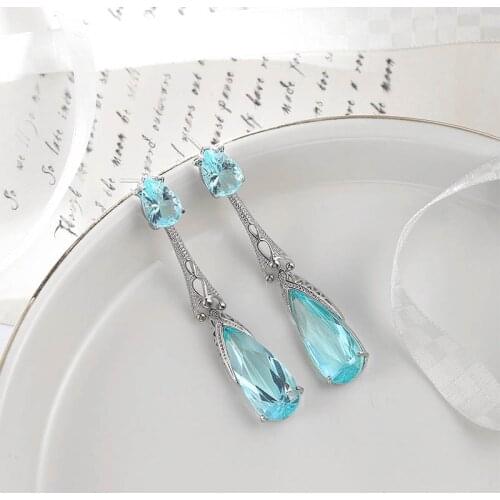 Luxury AAA Sea Blue Zircon Brincos Silver Color Stud Earrings For Women Jewelry Wedding Engagement Statement Drop Earing Gifts
