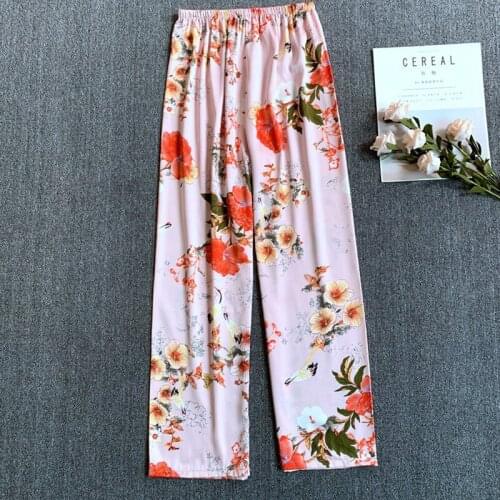 Women Print Sleep Bottoms Loose Lounge Rayon Pajamas Pant Loungewear Summer Home Pants Lingerie Lace Air Conditioning Pants