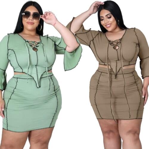 Summer Fall Two Piece Set Women Long Sleeve Crop Top + Bodycon Skirt Tracksuit Plus Size 5XL Suits Festival Club Y2k Outfits