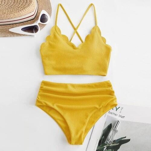 Women Sexy Crisscross Back Solid High Waist Rib Bikini Set Two Piece Swimsuit