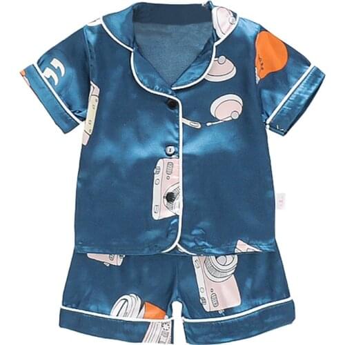 2021 New Baby Kids Pajamas Camera Print Cotton Silk Nightgown Infant Boys Girls Short Sleeve Blouse Tops+Shorts Pajamas 0-4T