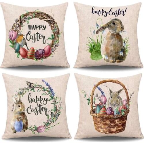 4pcs Spring Easter Pillow Case Rabbit Bunny with Eggs Throw Cushion Cover Sofa Bed Linen