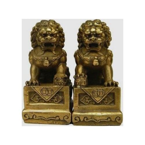 68mm Copper Brass CHINESE crafts Asian China Chinese Folk Fengshui Foo Fu Dog Guardion Door Lion Statue sculpture