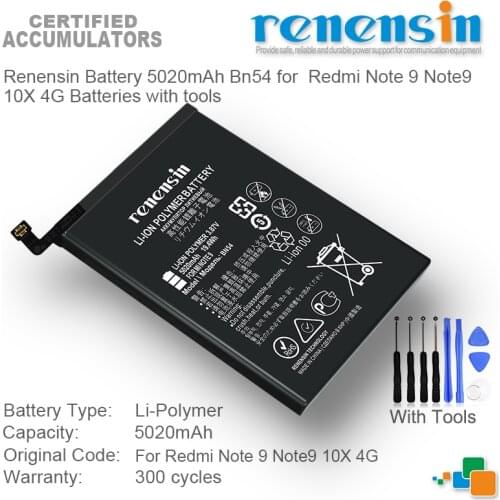 Renensin Battery 5020mAh Bn54 for Redmi Note 9 Note9 10X 4G Batteries with tools