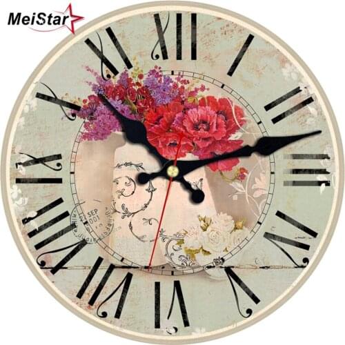 Vintage French Flower Silent Home Round Wall Clock Daisy Butterfly Rustic Country Clocks Retro Floral 16 Inch Wooden Wall Clock