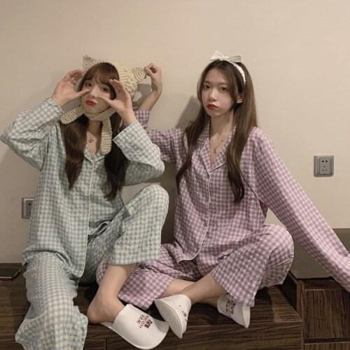 Leisure home suit 2021 new Korean loose Long Sleeve Plaid pajamas for women