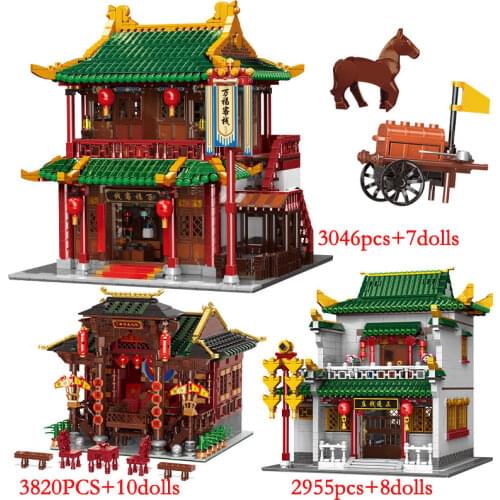 City Chinese Style Creative Ancient Architecture Model Building Blocks Street View House Figures MOC Bricks Toys for Children