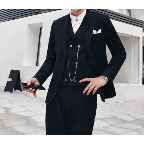 Handsome Groomsmen Peak Lapel Groom Tuxedos Mens Wedding Dress Man Jacket Blazer Prom Dinner (Jacket+Pants+Tie+Vest) A093