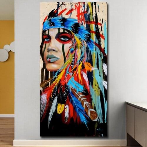 Colorful Tatoo Women Graffiti Street Wall Art Abstract Modern African Feather Girl Portrait Canvas Oil Painting For Living room