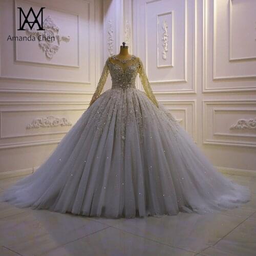 Vestidos formales Long Sleeve Lace Appliques Rhinestone Crystal African Wedding Dress