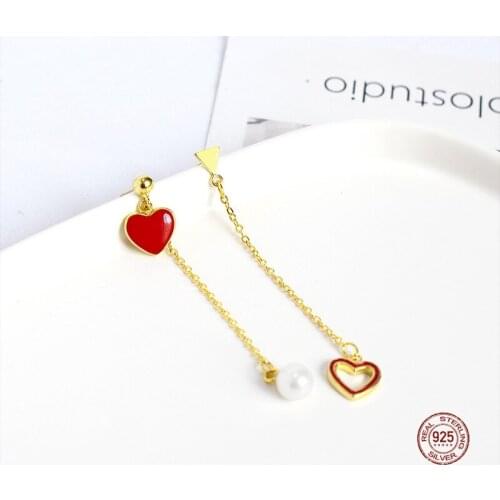 LKO 925 Sterling Silver Sweet Red Heart Asymmetry Pearl Stud Earrings For Women Girls Long Tassel Pendants Jewelry Ornaments